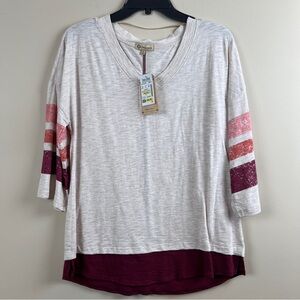 Democracy Women's V-Neck layered look Top Multi Striped 3/4 Sleeves Small NWT